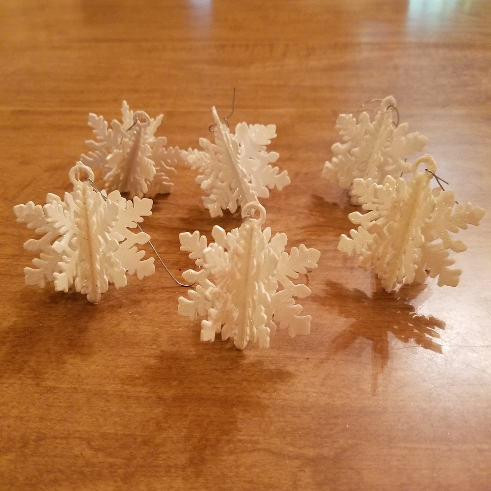Set of six, white, sparkly, 3-D snowflake ornaments.  Pretty!